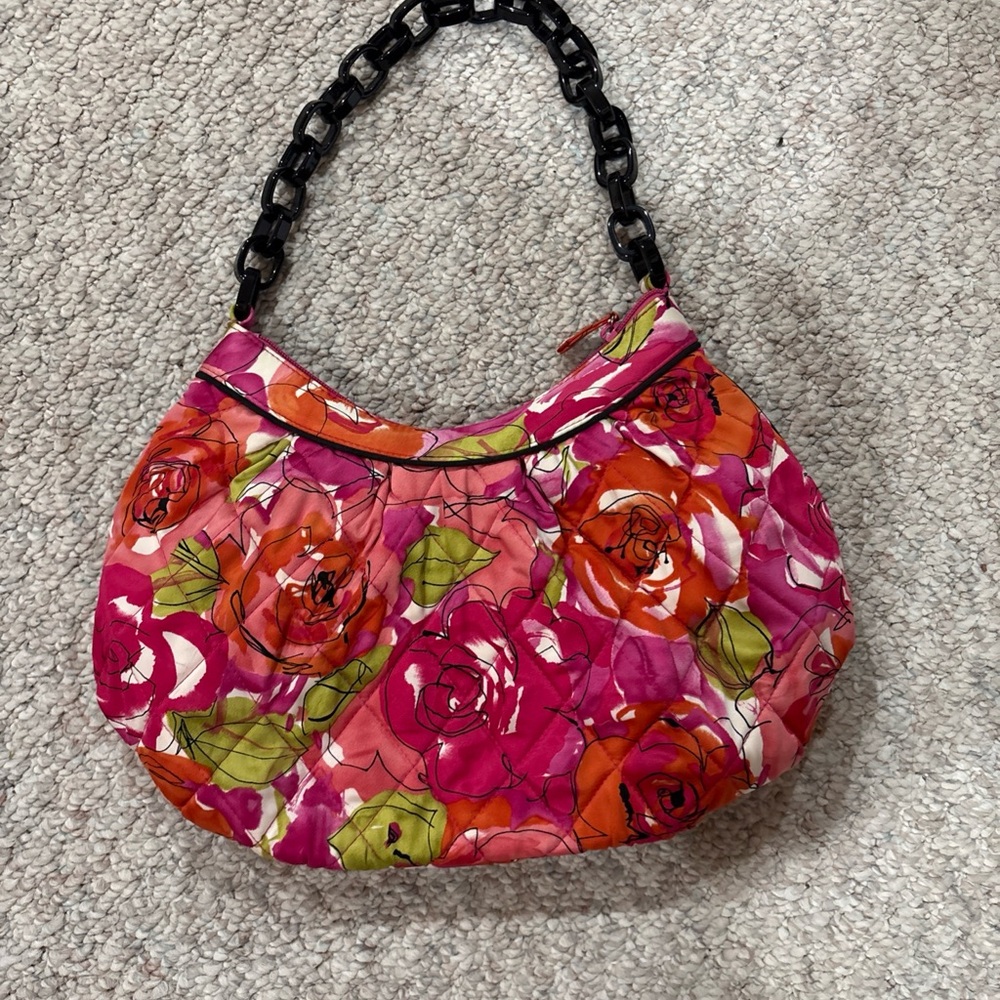 Vera Bradley Rose Floral Pattern Shoulder Bag with Chain-Link Handle Strap